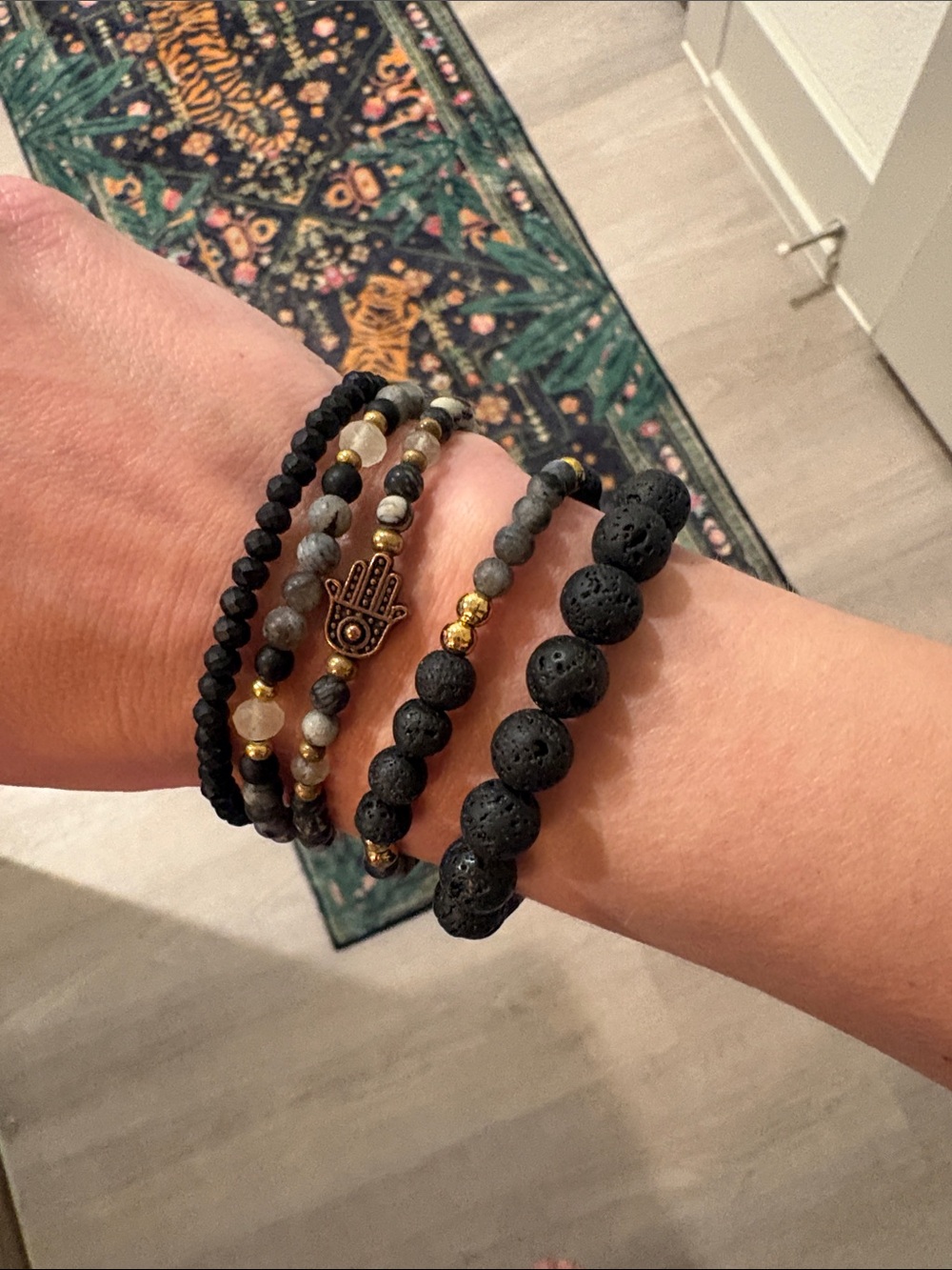 5-Piece Stacked Handcrafted Natural Stone & Bead Women's Bracelet Set - Hamsa